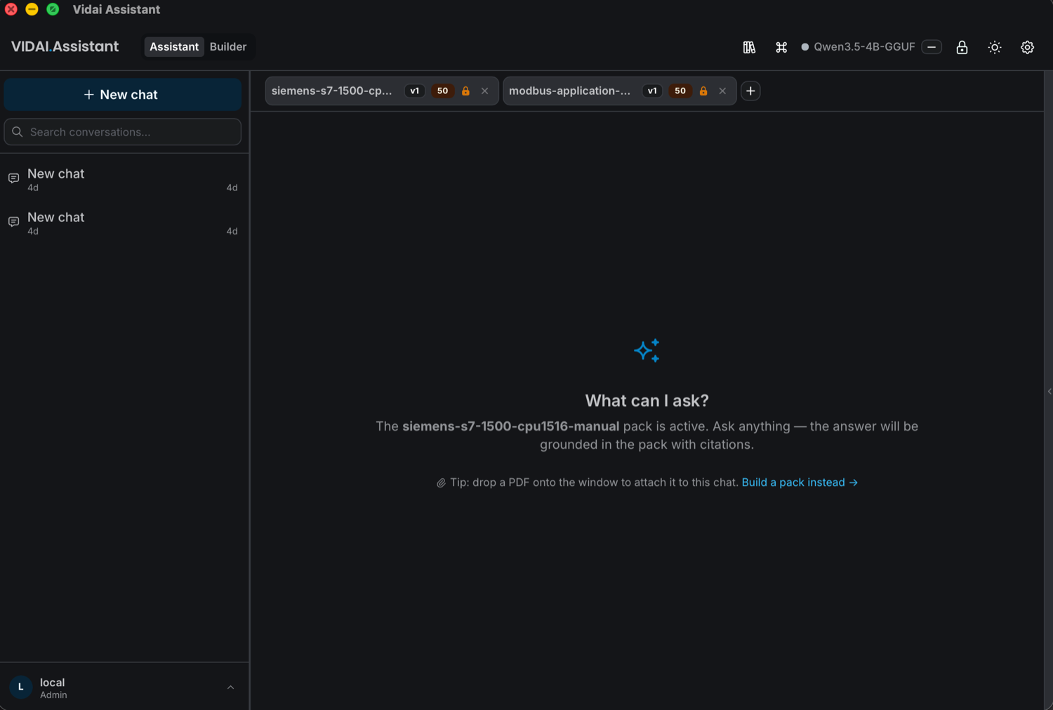 VidaiAssistant open on a laptop with a pack active and a local model loaded, ready to take a grounded question with no network connection